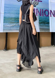 Irregular skirt a-line skirt mid-length black stitching pleated skirt - SooLinen