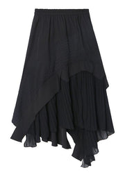 Irregular skirt a-line skirt mid-length black stitching pleated skirt - SooLinen