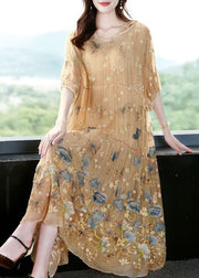 Italian Apricot Embroidered Hooded Extra Large Hem Silk Maxi Dresses Summer