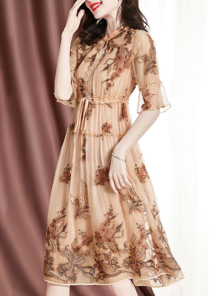 Italian Apricot Stand Collar Ruffled Tie Waist Silk Cinch Dress Short Sleeve