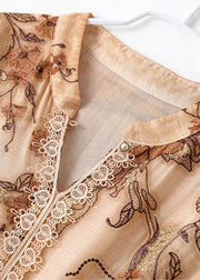 Italian Apricot Stand Collar Ruffled Tie Waist Silk Cinch Dress Short Sleeve