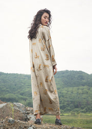 Italian Apricot V Neck Animal Print Silk Robe Dresses Fall