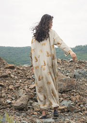 Italian Apricot V Neck Animal Print Silk Robe Dresses Fall