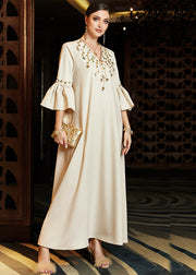 Italian Apricot V Neck Embroidered Long Dresses Flare Sleeve