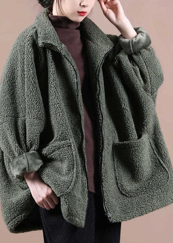 Italian Army Green Oversized Zippered Teddy Faux Fur Coat Winter