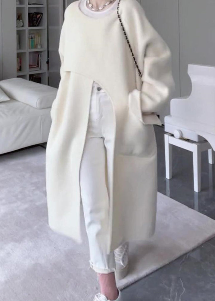 Italian Beige Asymmetrical Pockets Side Open Oversized Woolen Coat Spring