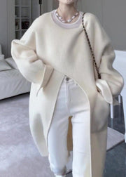 Italian Beige Asymmetrical Pockets Side Open Oversized Woolen Coat Spring