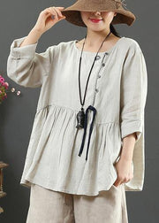 Italian Beige Blouses For Women O Neck Cinched Tunic Spring Blouse - SooLinen
