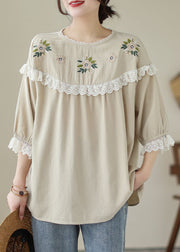 Italian Beige Embroidered Lace Patchwork Cotton T Shirt Tops Summer