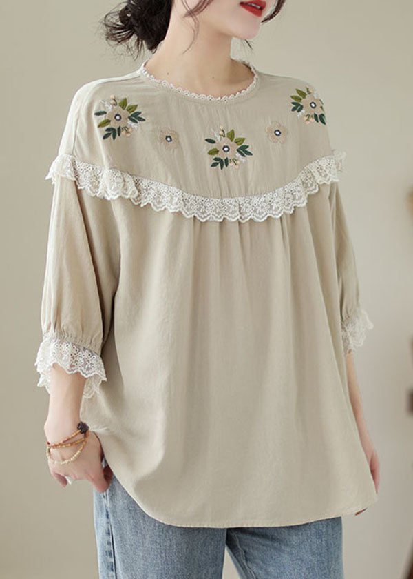 Italian Beige Embroidered Lace Patchwork Cotton T Shirt Tops Summer