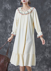 Italian Beige Embroidered Ruffles Cotton Maxi Dresses Fall