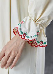 Italian Beige Embroidered Ruffles Cotton Maxi Dresses Fall