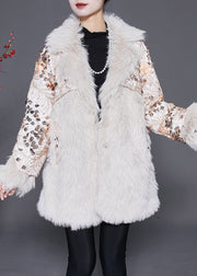 Italian Beige Floral Patchwork Faux Fur Coat Winter