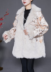 Italian Beige Floral Patchwork Faux Fur Coat Winter