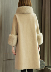 Italian Beige Fox Collar Pockets Woolen Coats Long Sleeve