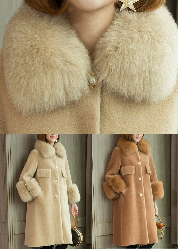Italian Beige Fox Collar Pockets Woolen Coats Long Sleeve