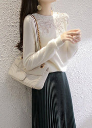 Italian Beige O Neck Hollow Out Patchwork Knit Top Fall