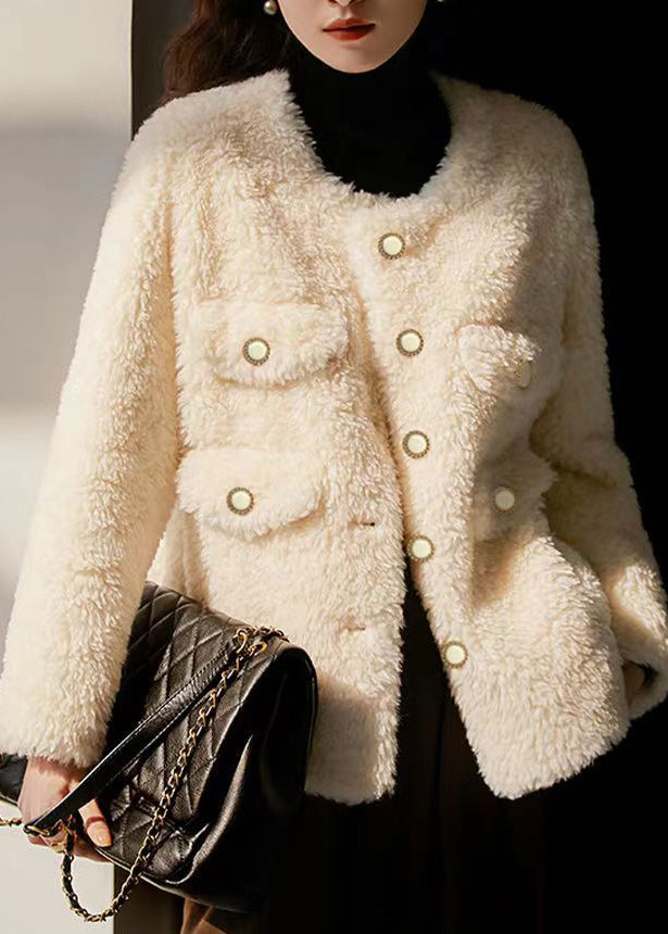 Italian Beige O Neck Pockets Button Patchwork Wool Coats Winter