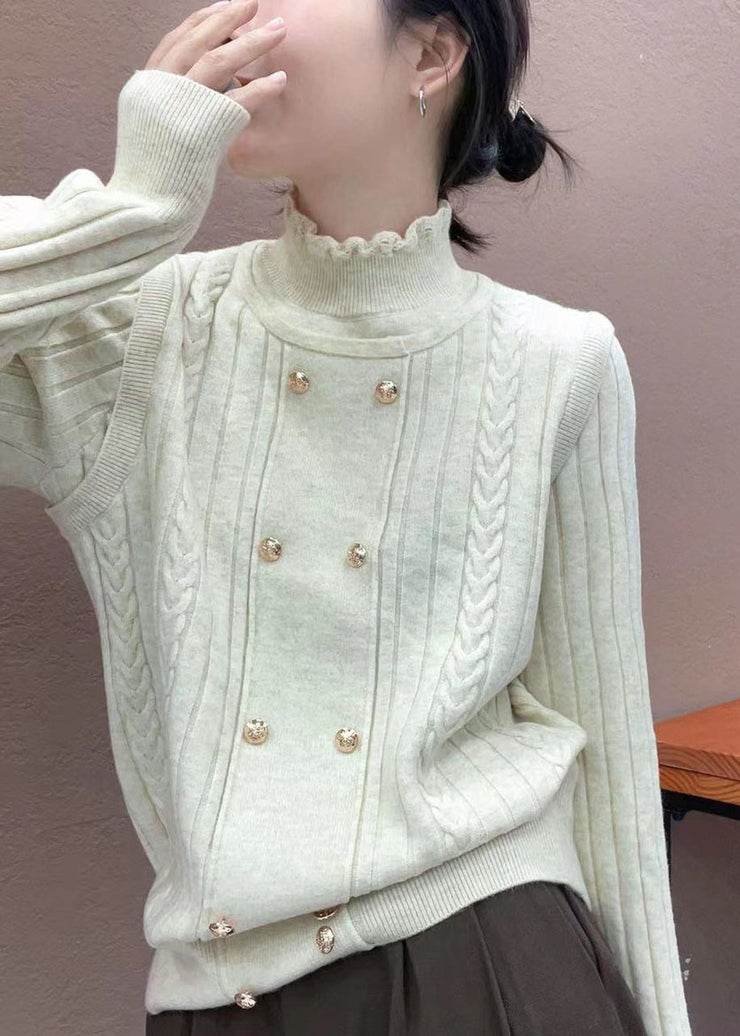 Italian Beige Ruffled False Two Pieces Woolen Sweater Tops Fall