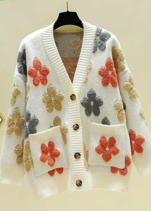 Italian Beige V Neck Embroidered Floral Cozy Knit Cardigans Fall
