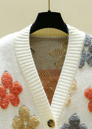 Italian Beige V Neck Embroidered Floral Cozy Knit Cardigans Fall