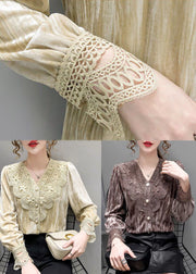 Italian Beige V Neck Patchwork Silk Velour Blouses Long Sleeve