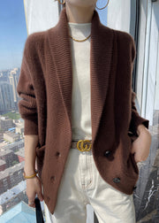 Italian Beige V Neck Pockets Button Woolen Cardigans Coat Fall