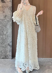 Italian Beige V Neck Tulle Patchwork Lace Long Dresses Spring