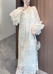 Italian Beige V Neck Tulle Patchwork Lace Long Dresses Spring