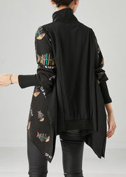 Italian Black Asymmetrical Design Fishbone Print Cotton Loose Sweatshirt Fall