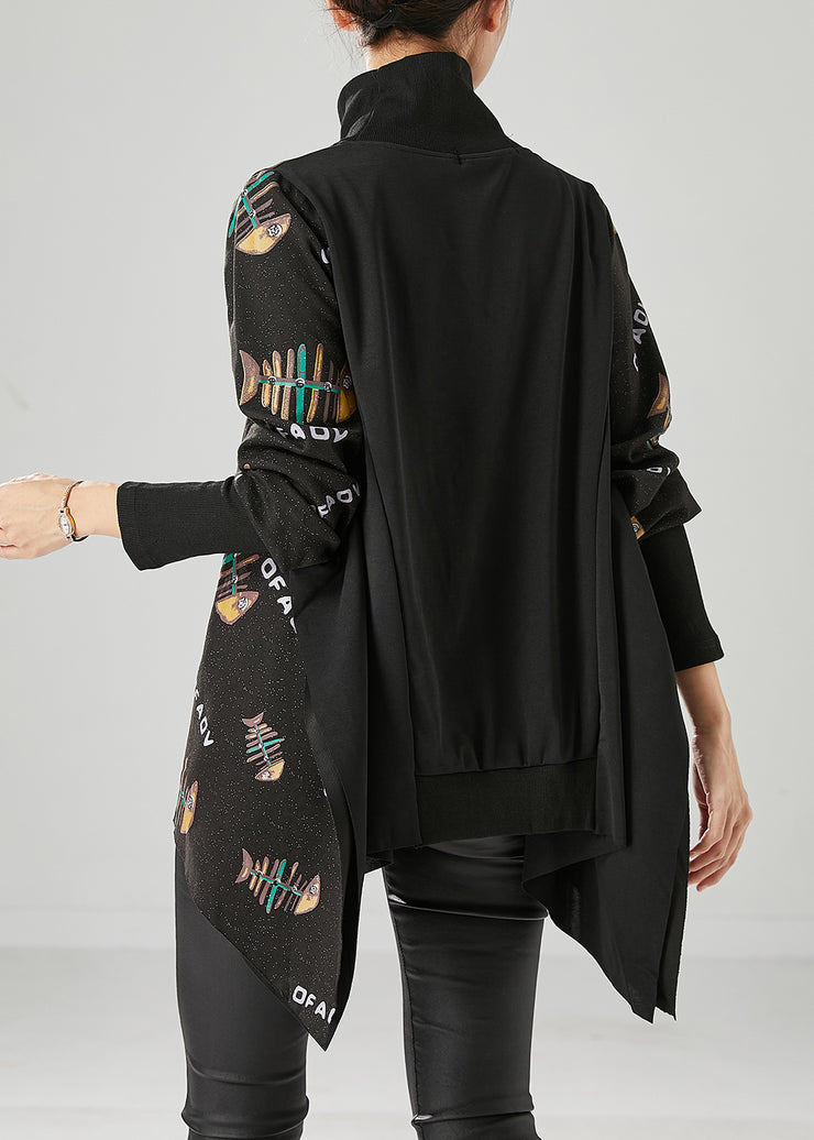 Italian Black Asymmetrical Design Fishbone Print Cotton Loose Sweatshirt Fall