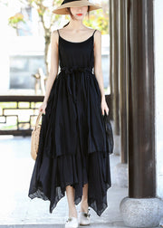 Italian Black Asymmetrical Design Tie Waist Cotton Spaghetti Strap Dress Summer