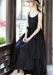 Italienisches, schwarzes, asymmetrisches Design mit Taillenbund und Spaghettiträgern, Sommerkleid aus Baumwolle