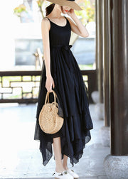 Italienisches, schwarzes, asymmetrisches Design mit Taillenbund und Spaghettiträgern, Sommerkleid aus Baumwolle