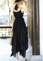 Italian Black Asymmetrical Design Tie Waist Cotton Spaghetti Strap Dress Summer