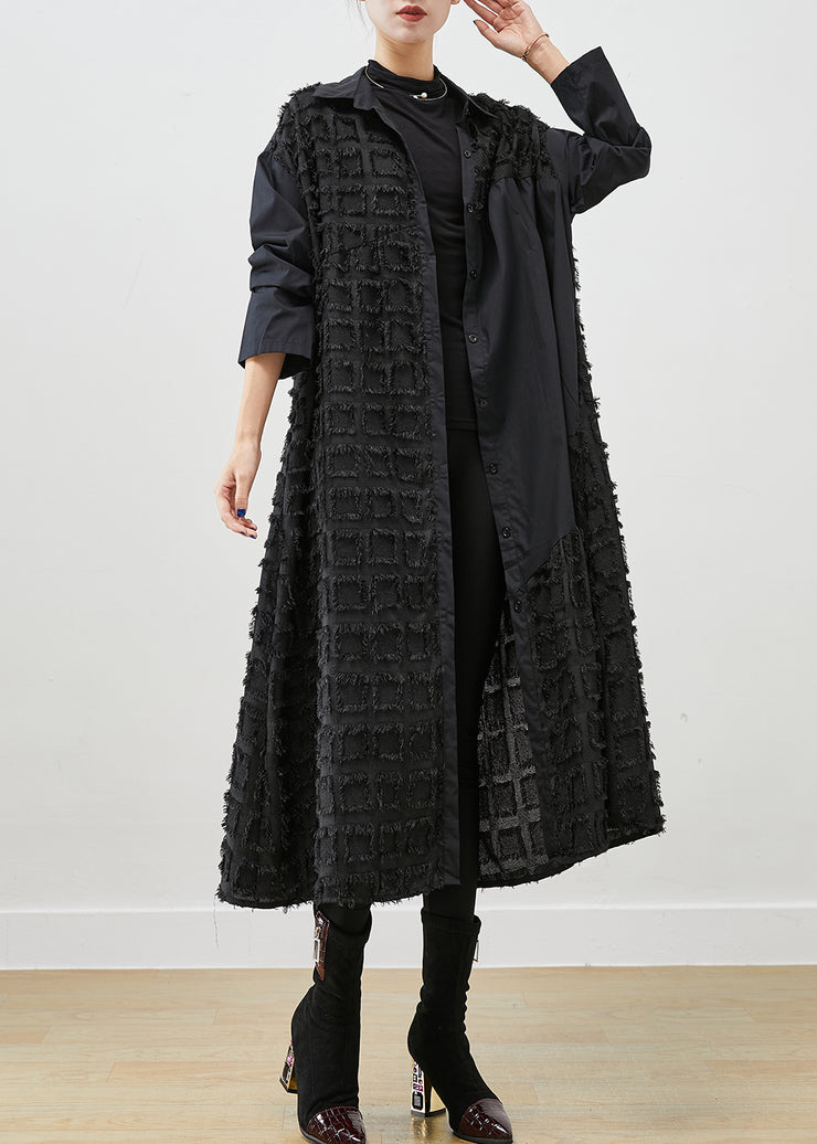 Italian Black Asymmetrical Patchwork Plaid Cotton Shirt Dress Fall
