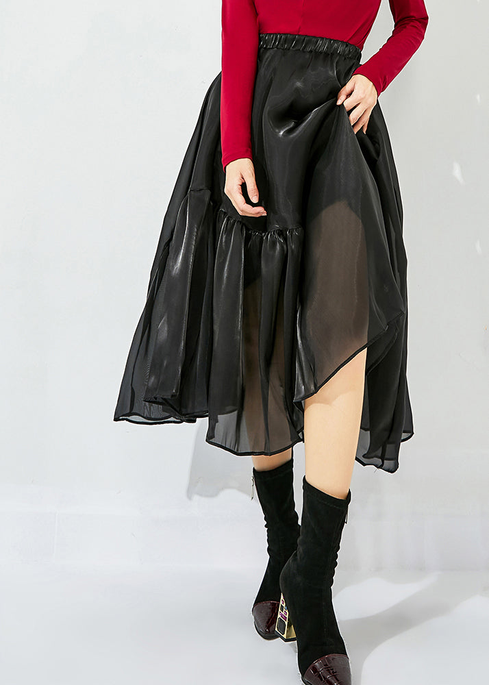 Italian Black Asymmetrical Patchwork Wrinkled Tulle Skirts Summer