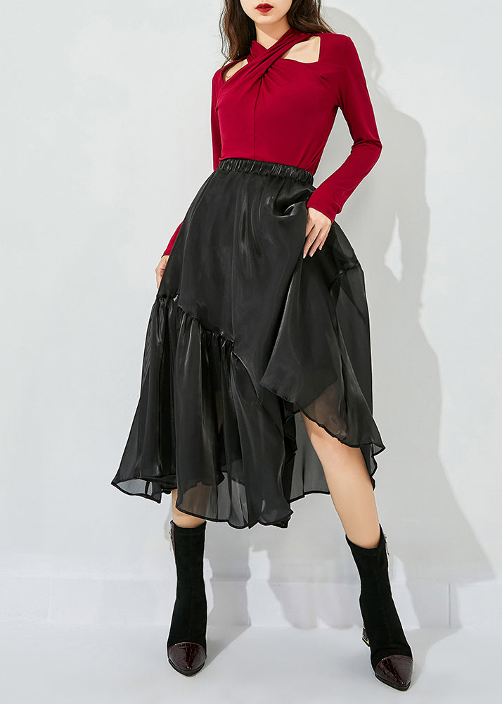 Italian Black Asymmetrical Patchwork Wrinkled Tulle Skirts Summer