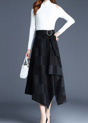 Italian Black Asymmetrical Plaid Cotton Skirt Spring