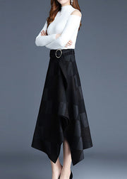 Italian Black Asymmetrical Plaid Cotton Skirt Spring