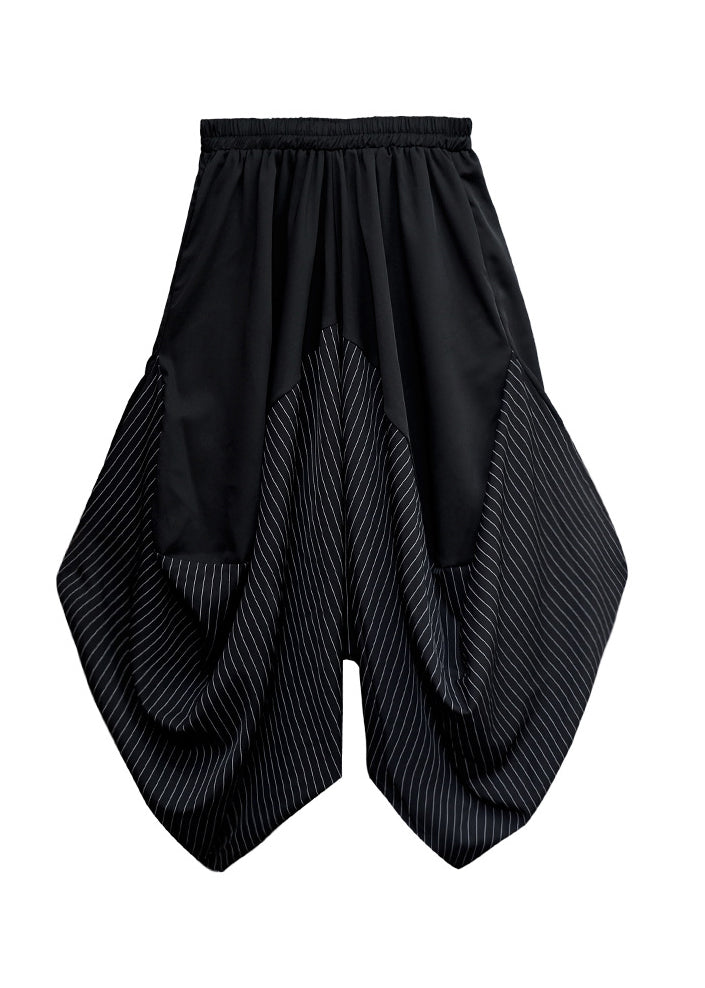 Italian Black Asymmetrical Pockets Striped Patchwork Wide Leg Pants Summer