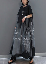 Italian Black Asymmetrical drawstring print Patchwork Ankle Dress Spring