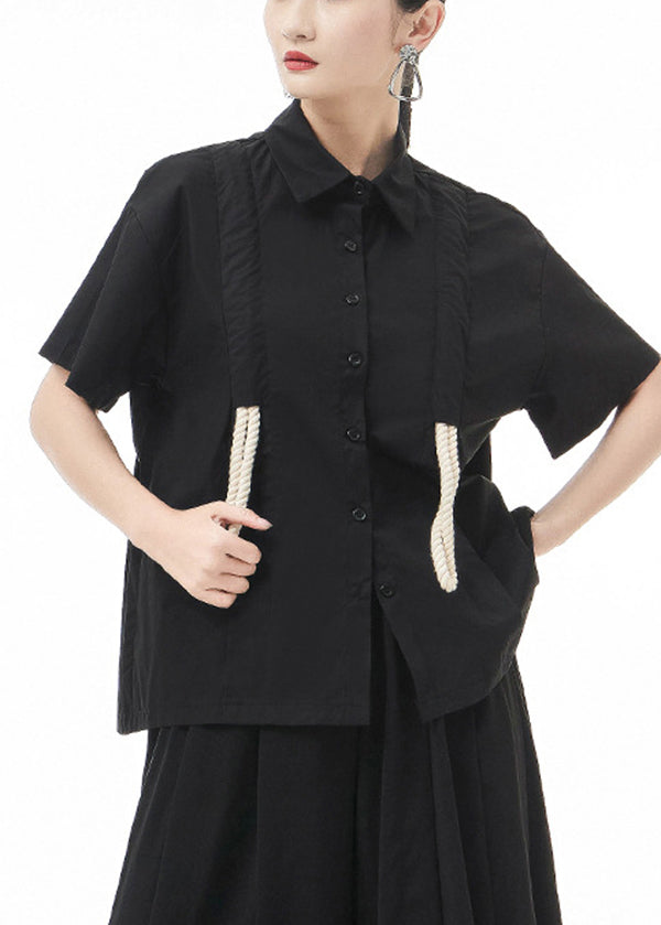 Italian Black Button Peter Pan Collar Cotton Shirts Short Sleeve