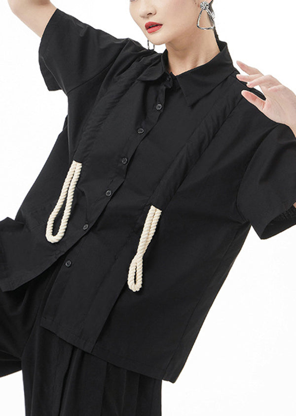Italienische schwarze Knopf-Peter-Pan-Kragen-Baumwollhemden mit kurzen Ärmeln