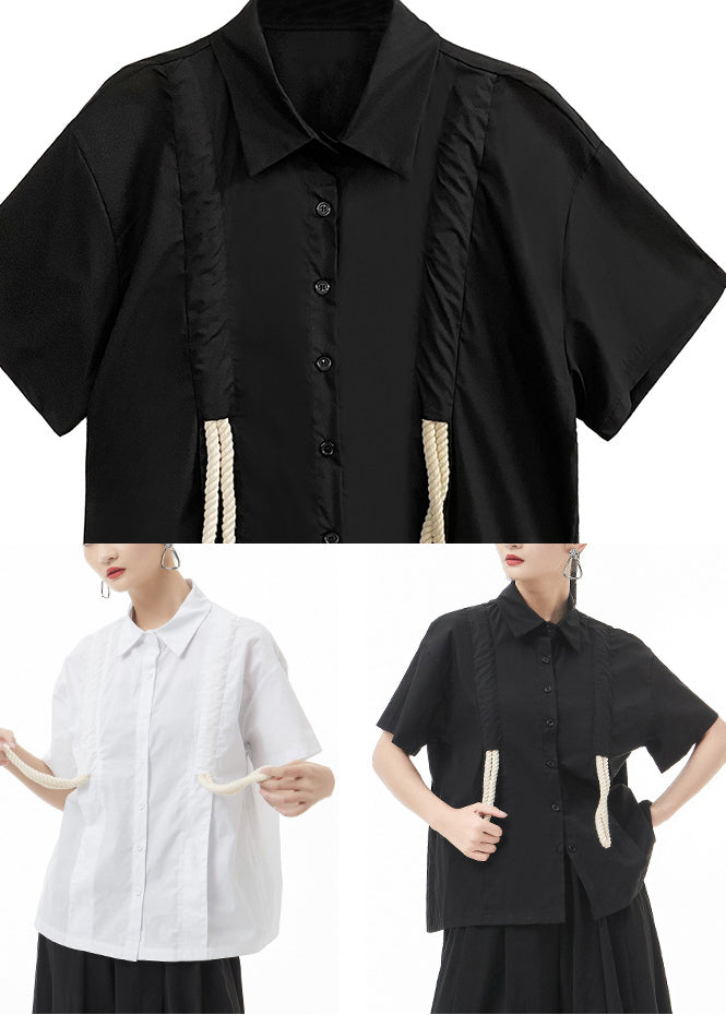 Italian Black Button Peter Pan Collar Cotton Shirts Short Sleeve