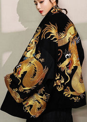Italian Black Dragon Embroidered Oversized Cotton Cardigan Fall