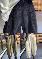 Italian Black Elastic Waist Pockets Warm Fleece Corduroy Pants Winter