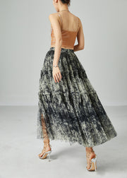 Italian Black Elastic Waist Tie Dye Wrinkled Tulle Skirts Summer