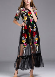 Italian Black Embroidered Zippered Tulle Long Dress Summer