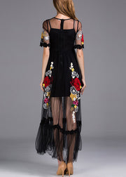 Italian Black Embroidered Zippered Tulle Long Dress Summer